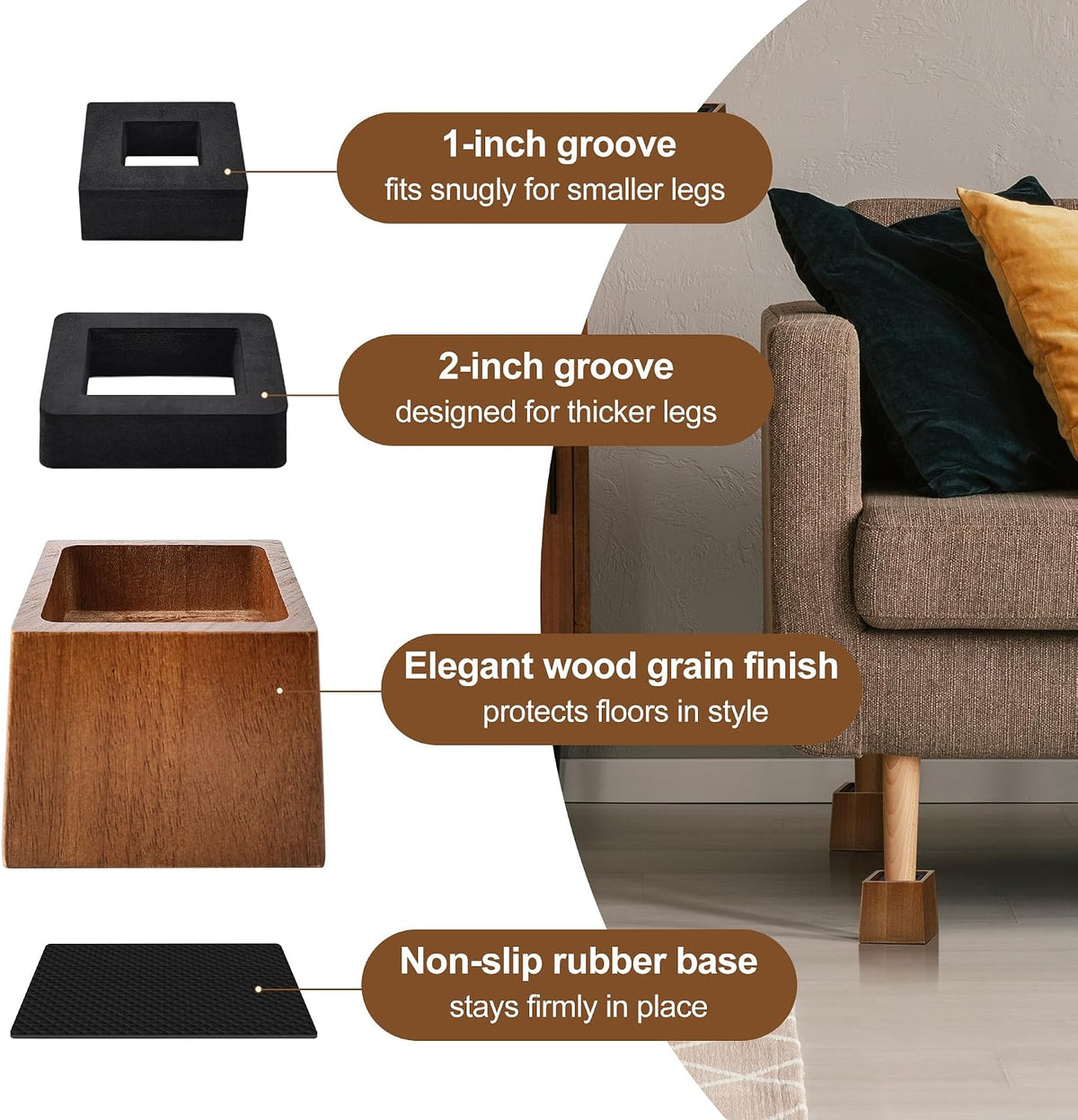 Wooden Bed Risers 3 Inch Heavy Duty, Support 2500 lbs, Brown