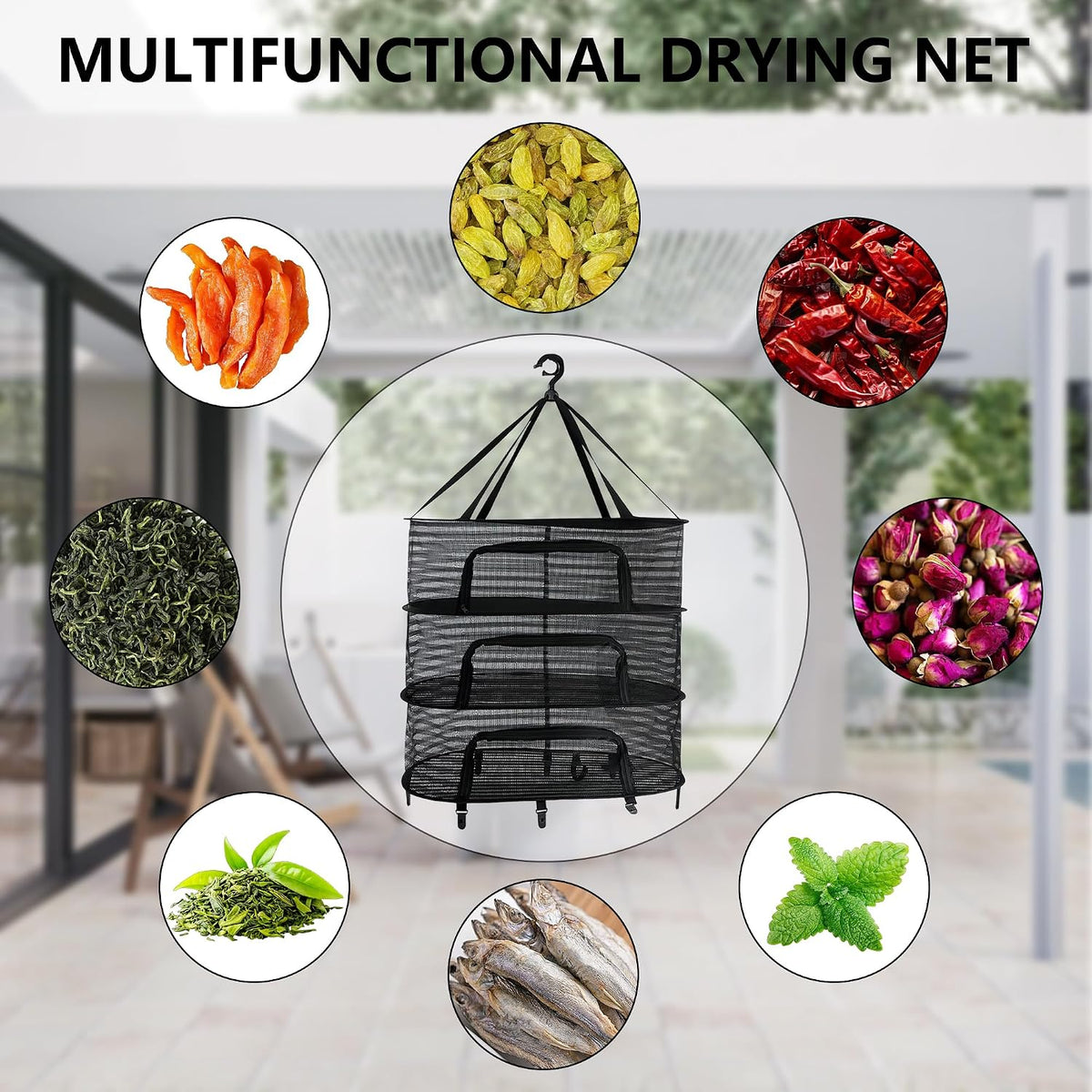 Herb Drying Rack 3-Tier Hanging mesh Dry Rack Foldable with 8 Clips