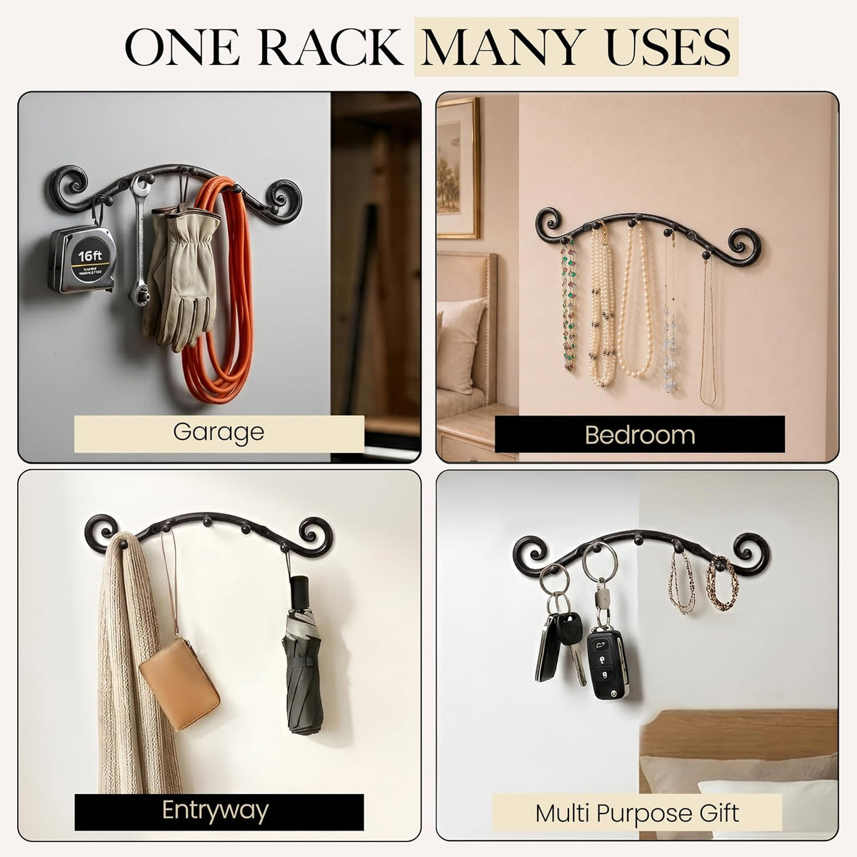 RTZEN Farmhouse Small Key Holder for Wall, Wrought Iron Wall Mount Rack