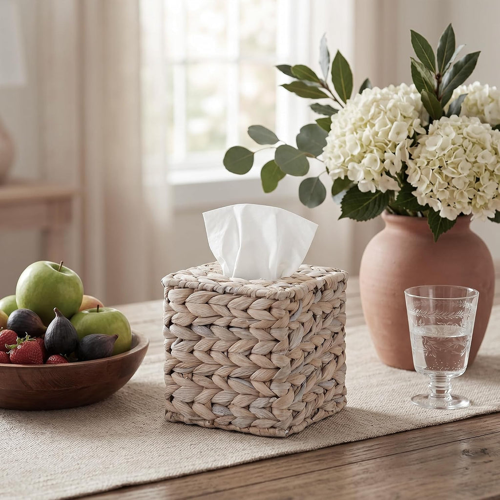 Water Hyacinth Handwoven Tissue Box Cover, Natural Handmade Wicker Napkin Box Holder, Handcrafted Square Facial Tissue, Rustic Decorative on Table and Bathroom, Office, Boho Decorative, Whitewash