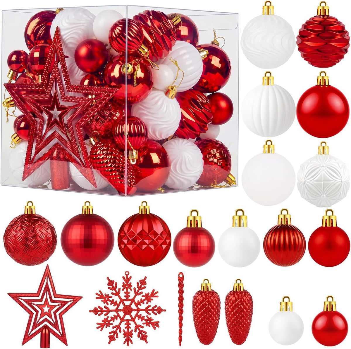Brightown 100Pcs Christmas Tree Decorations Ornaments Set, Red and White