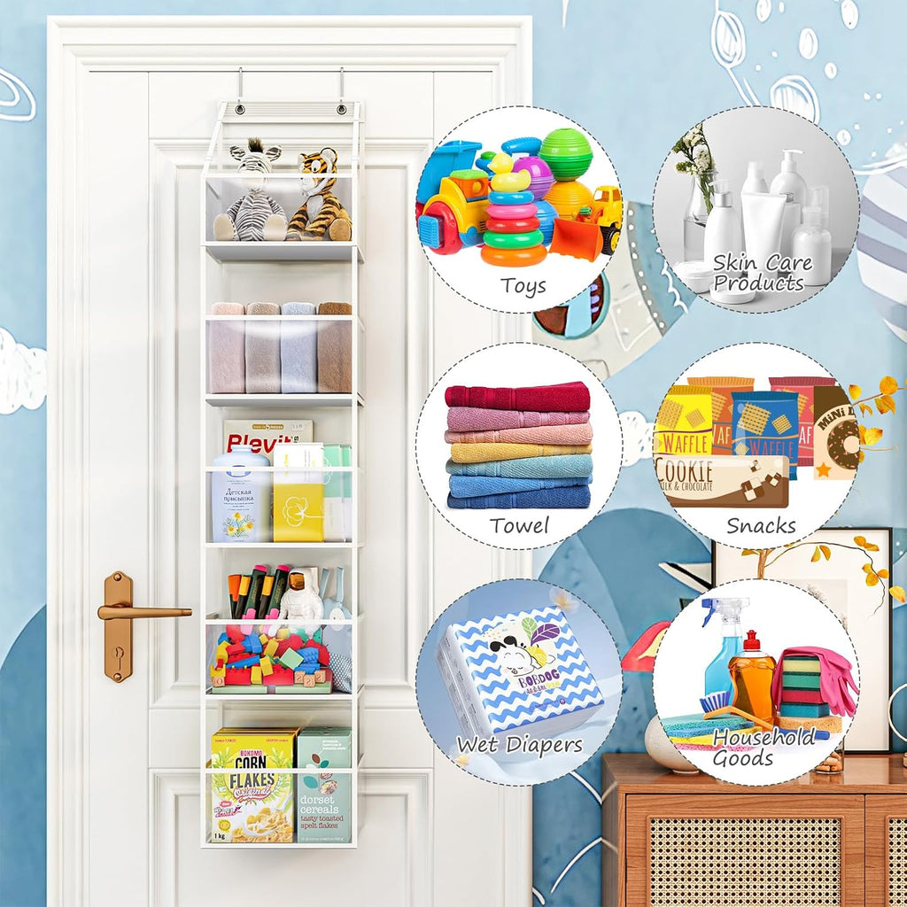 Fixwal 5-Shelf Over The Door Hanging Pantry Organizer, Room Organizer with Clear Plastic Pockets, 25lb Ultra Sturdy & Large Capacity for Closet, Bedroom, Nursery, Bathroom and Sundries
