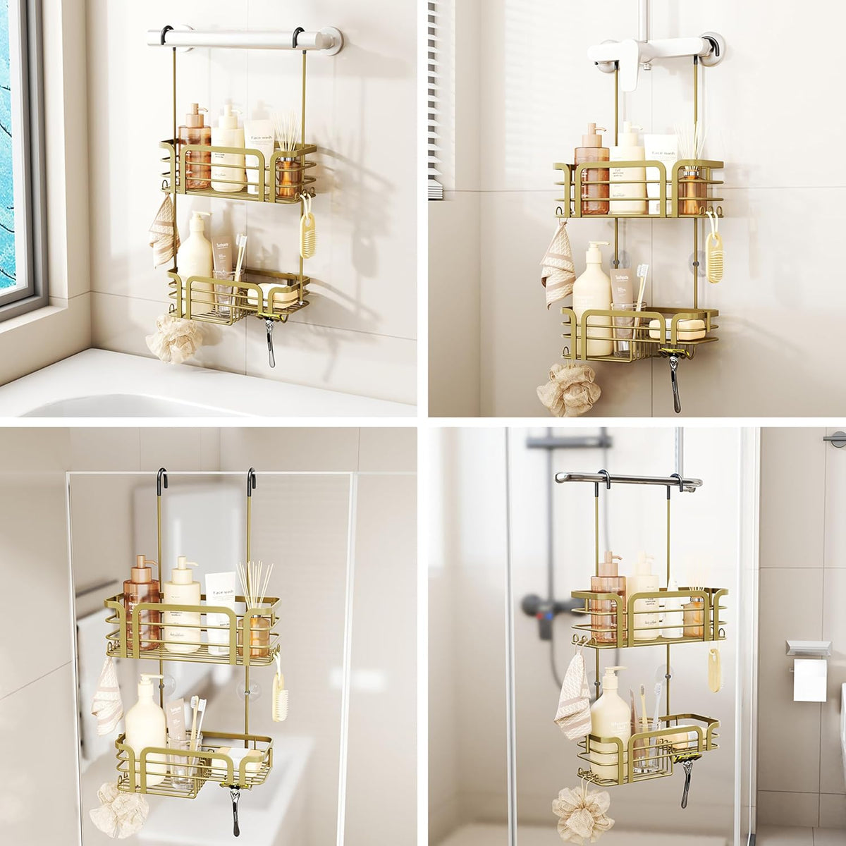 SWTYMIKI Shower Caddy Hanging Organizer - Over the Door Shower Caddy with Soap Holder, 11 Hooks, 2 Installation Ways, Stainless Steel Rustproof Bathroom Organizer, Gold
