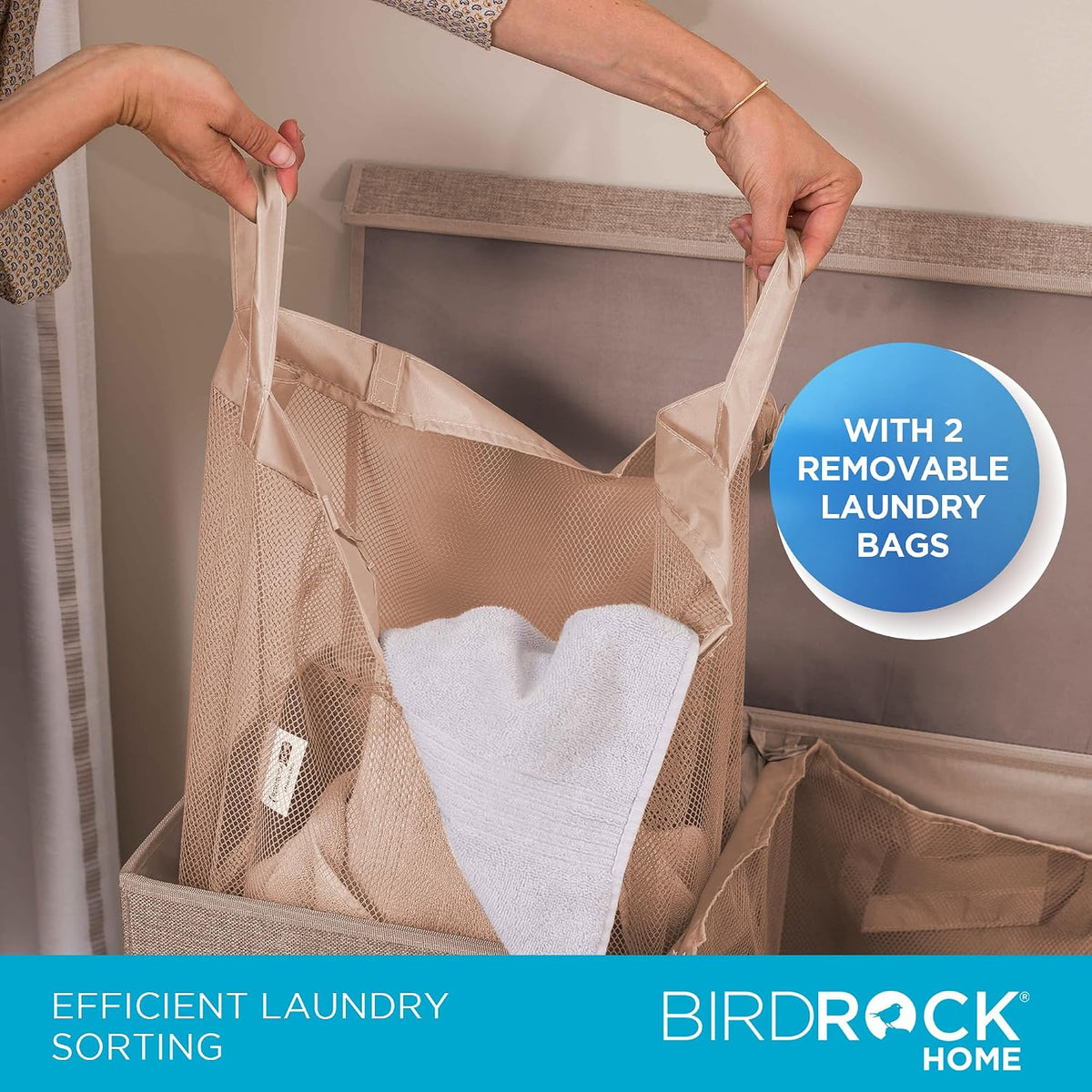 BIRDROCK HOME Tall Double Laundry Hamper with Lid, Cream, 25.75”