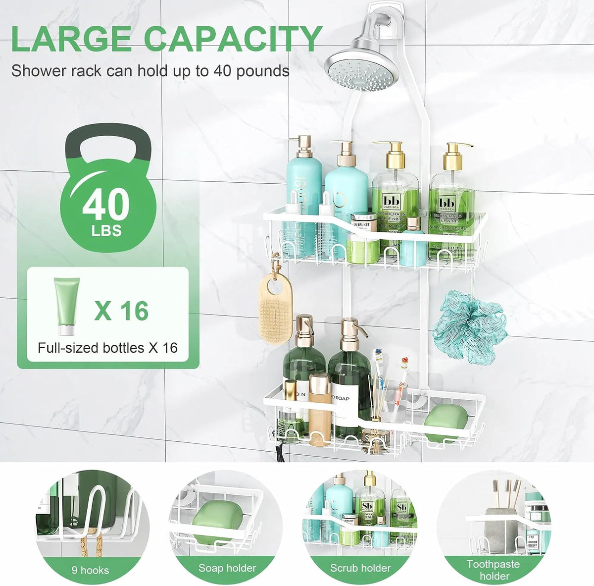 White Shower Caddy Hanging,White Rustproof Anti-Swing Shower Organizer