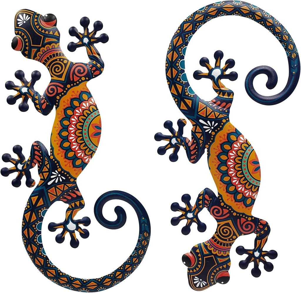 LIFFY Metal Lizard Gecko Wall Art - 2 Pack 15 Inch Metal Wall Decor, Lizard Outdoor Hanging Glass Sculpture Decoration for Yard Garden Art, Patio Fence Home, Unique Gift Ideas