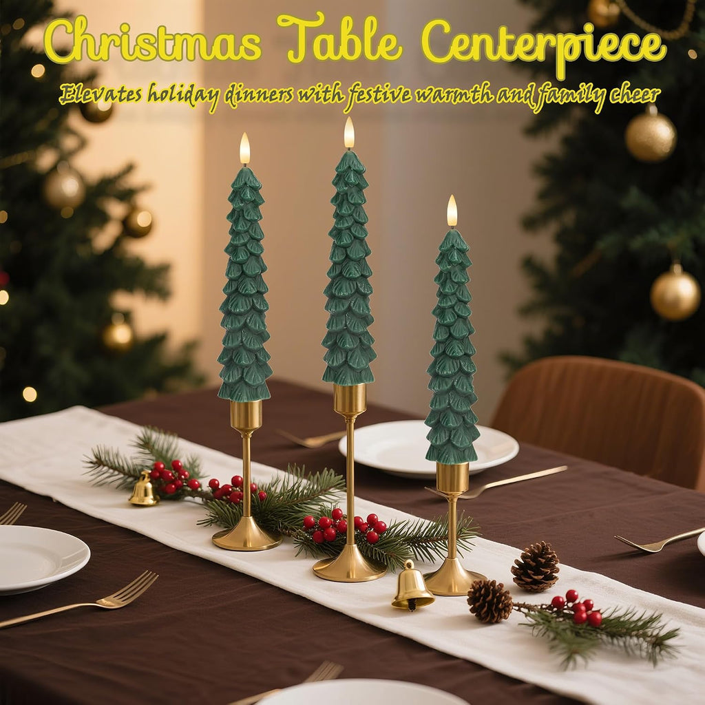 JOIONE Flameless Christmas Tree Taper Candles with Remote Set of 3, Green