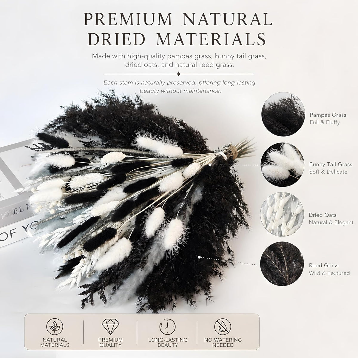 Black Pampas Grass Bouquet, Dried Flowers for Halloween and Boho Home Decor