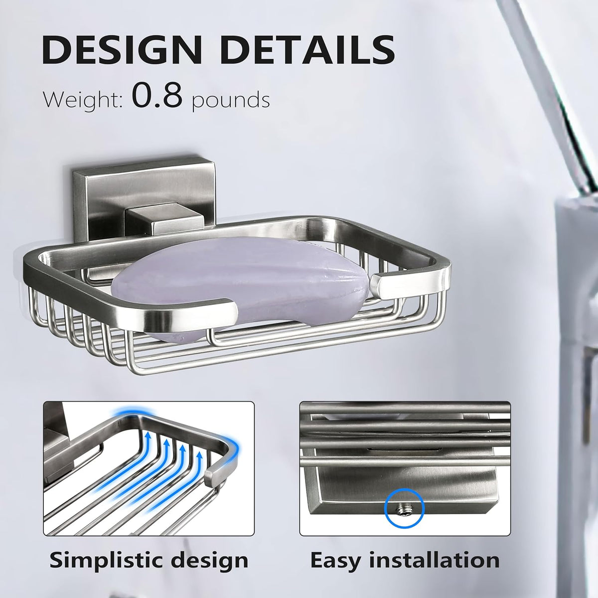 SEIDO Soap Dish for Shower Wall, 304 Stainless Steel Bar Soap Holder for Bathroom & Kitchen, Brushed Nickel Soap Saver Tray for Shower, 4.8" L x 3.2" W Internal