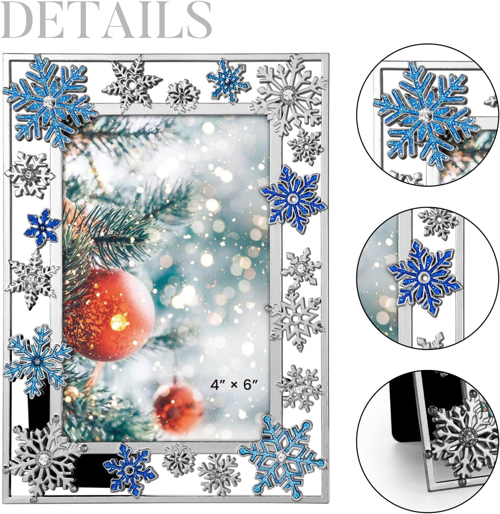 GUOER Christmas Decorations Photo Frame 4x6 Inch Snowflake Christmas Metal Photo Display Picutre Photo Frames with High Definition Glass Front Gift Ideas Tabletop Home Decorative (Blue)