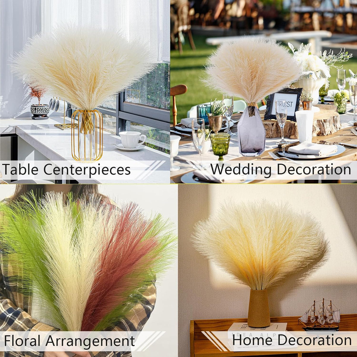 Faux Pampas Grass Decor - Artificial Pampas Grass, Black & Beige, 10 Count, Indoor, 17 Inch/45 Cm, Fluffy Pompas Floral Arrangement