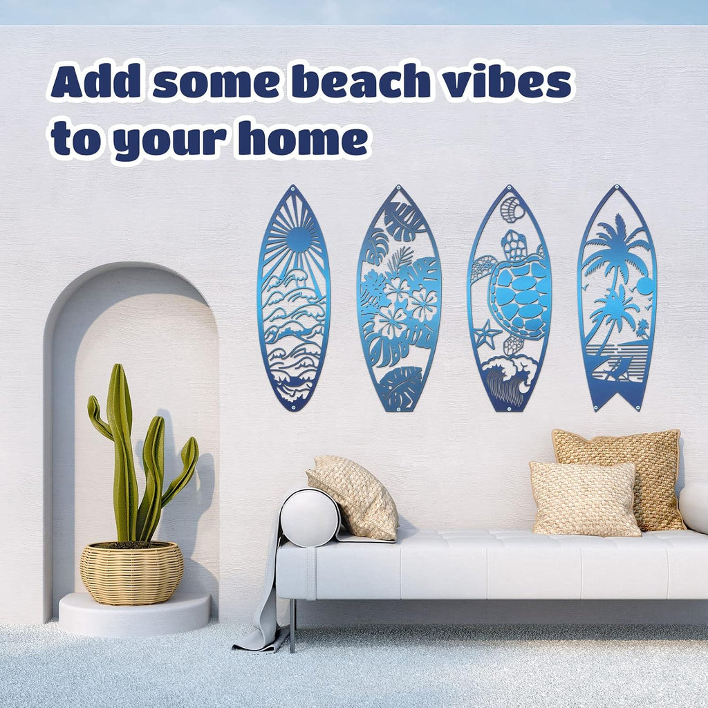 Therwen 4 Pcs Metal Surfboard Wall Decor, Tropical Beach Palm Turtle, Blue