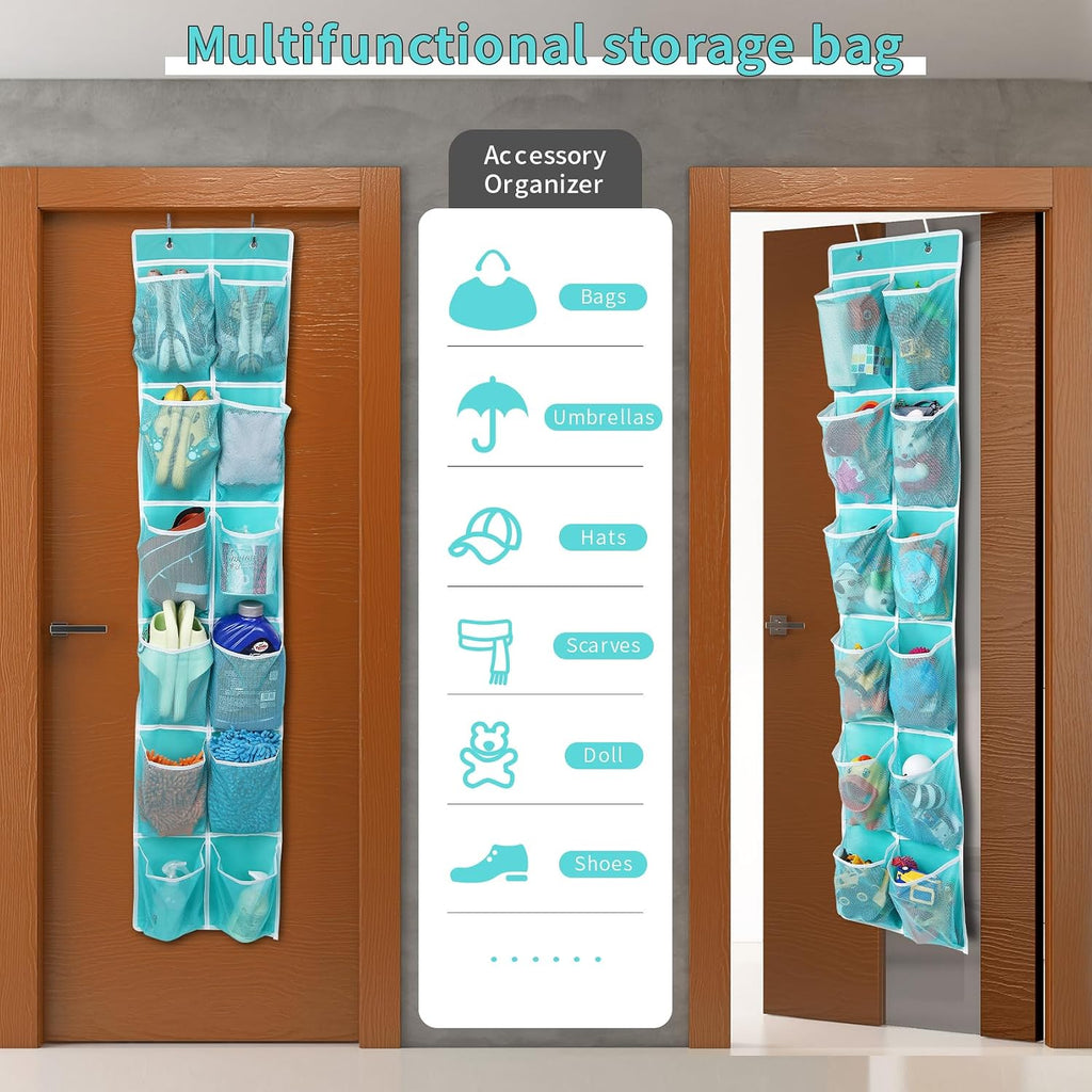 GOMAJI 2PK Over the Door 12 Large Pockets Hanging Shoe Organizer, Turquoise
