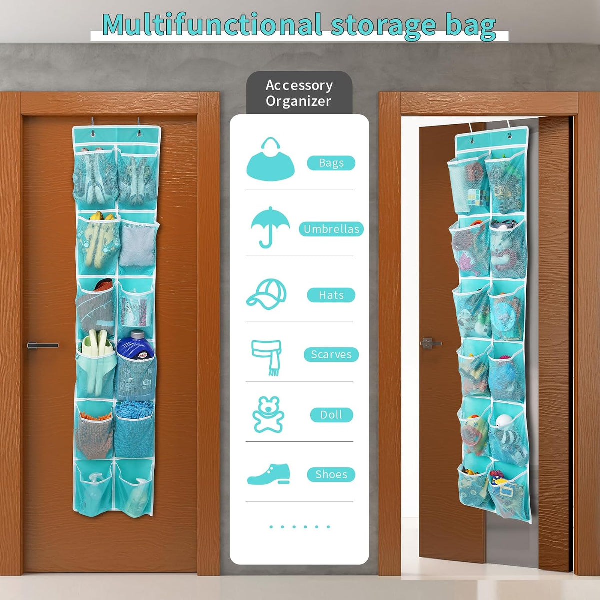 GOMAJI 2PK Over the Door 12 Large Pockets Hanging Shoe Organizer, Turquoise