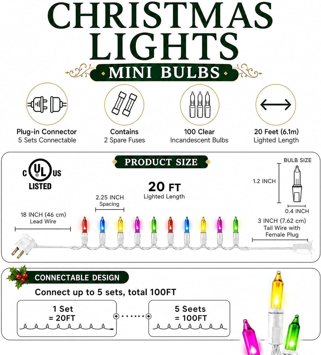 TW SHINE Christmas String Lights, 20FT 100 Count Incandescent White Wire Christmas Mini Lights, Waterproof Xmas String Lights for Outdoor Indoor Home Party Yard Decorations, Multi-Colored