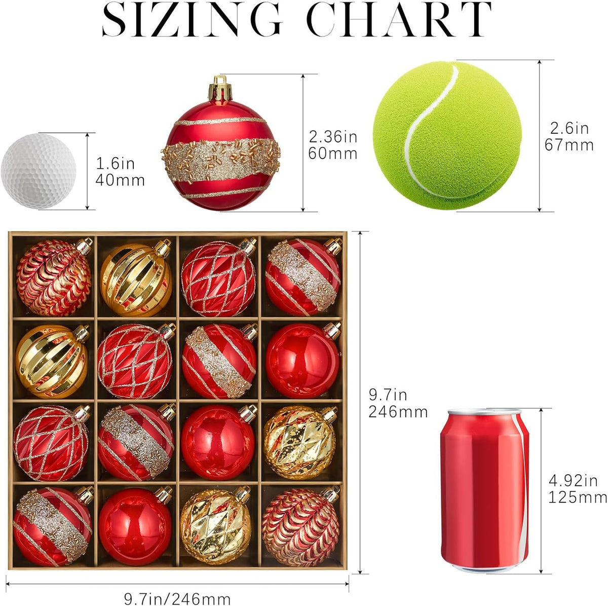 JORNOY 16CT 2.36 Inch Christmas Tree Ornaments, Red & Gold