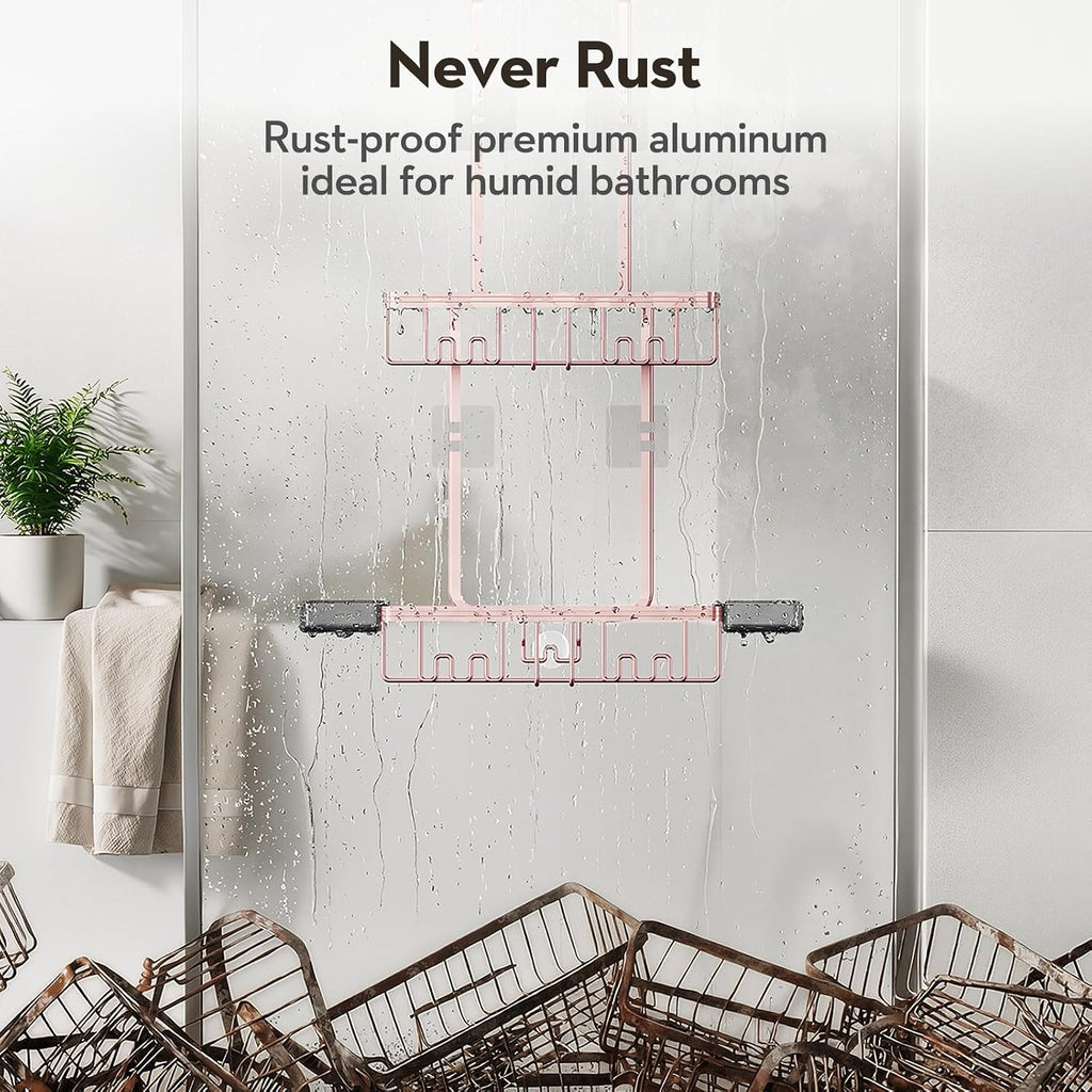 Over the Door Shower Caddy Hanging With Double Soap Holder Never Rust Aluminum Shower Shelf With 4 Hooks Hanging Bathroom Organizer No Drilling Shelves for Bathroom Storage Pink