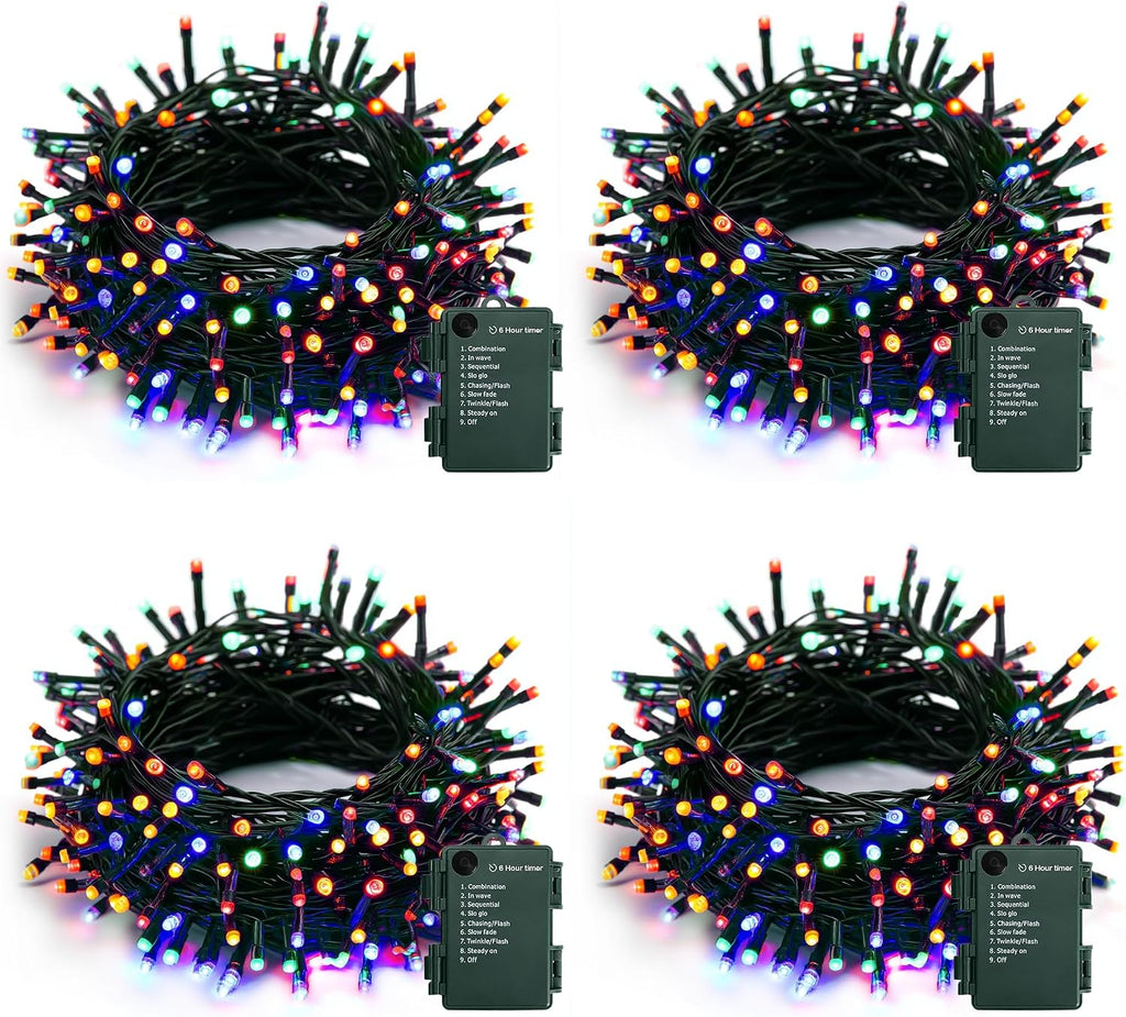 Dazzle Bright 4 Pack Battery Operated Outdoor String Lights, 50 LED 16 FT Multi-Colored Christmas Lights Green Wire with 8 Modes Timer, Outdoor Xmas Wreath Light for Christmas Holiday Decoration