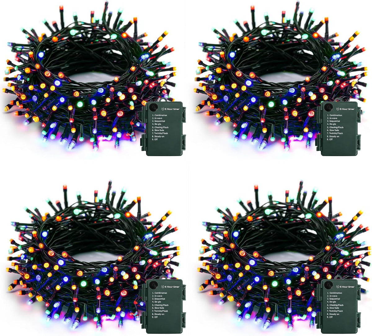 Dazzle Bright 4 Pack Battery Operated Outdoor String Lights, 50 LED 16 FT Multi-Colored Christmas Lights Green Wire with 8 Modes Timer, Outdoor Xmas Wreath Light for Christmas Holiday Decoration