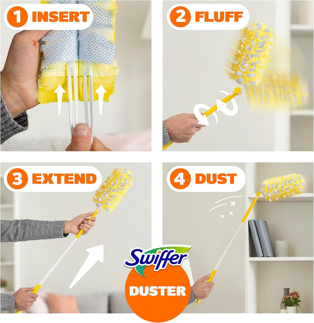 Swiffer Duster Kit with 3 ft Extendable Handle, Dusters for Cleaning, Set Includes 1 Extension Pole and 12 Heavy Duty Dusting Refills Dust Cleaner, Long Extended Wand for Ceiling Fans and Walls