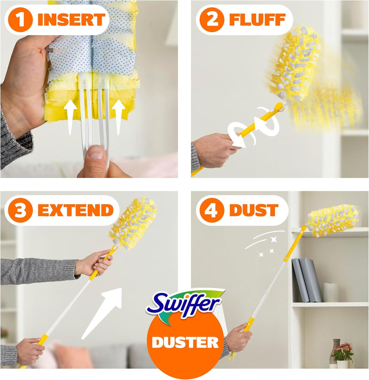 Swiffer Duster Kit with 3 ft Extendable Handle, Dusters for Cleaning, Set Includes 1 Extension Pole and 12 Heavy Duty Dusting Refills Dust Cleaner, Long Extended Wand for Ceiling Fans and Walls