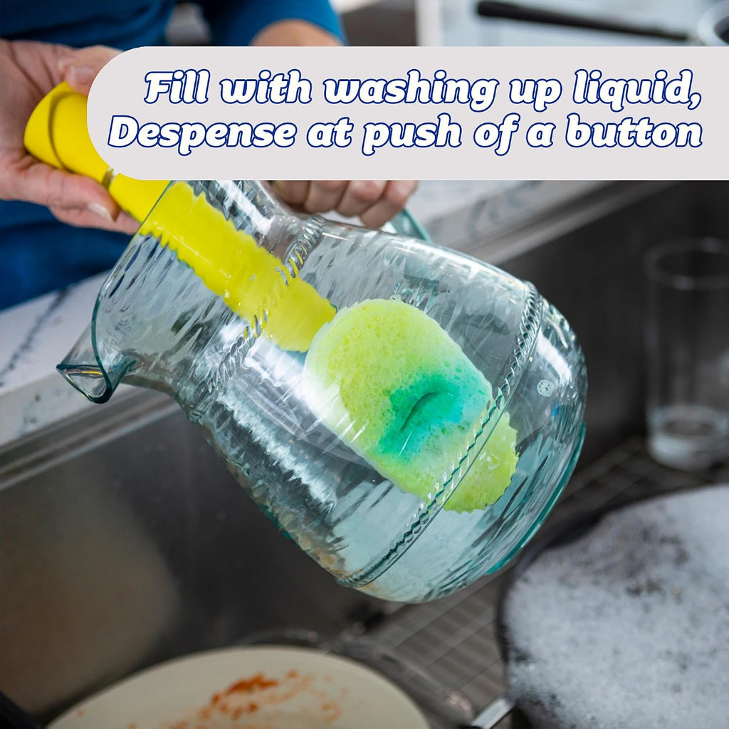Scrub Daddy Dish Daddy Dish Wand & Connector Head, Soap Dispensing Dish Brush, Texture Changing Washing Up Sponge With Liquid Handle, Dish Sponge with Built-in Scraper, Scrubbing Head & Stand - Yellow