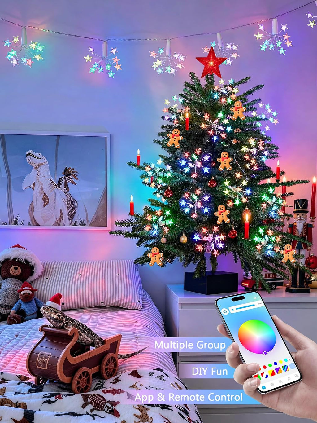 JMEXSUSS 100 LED Star String Lights for Christmas， 7.38 FT, USB, RGB Color Changing String Lights, RGB String Lights, Smart Firework Lights for Indoor Christmas Tree Bedroom Decor