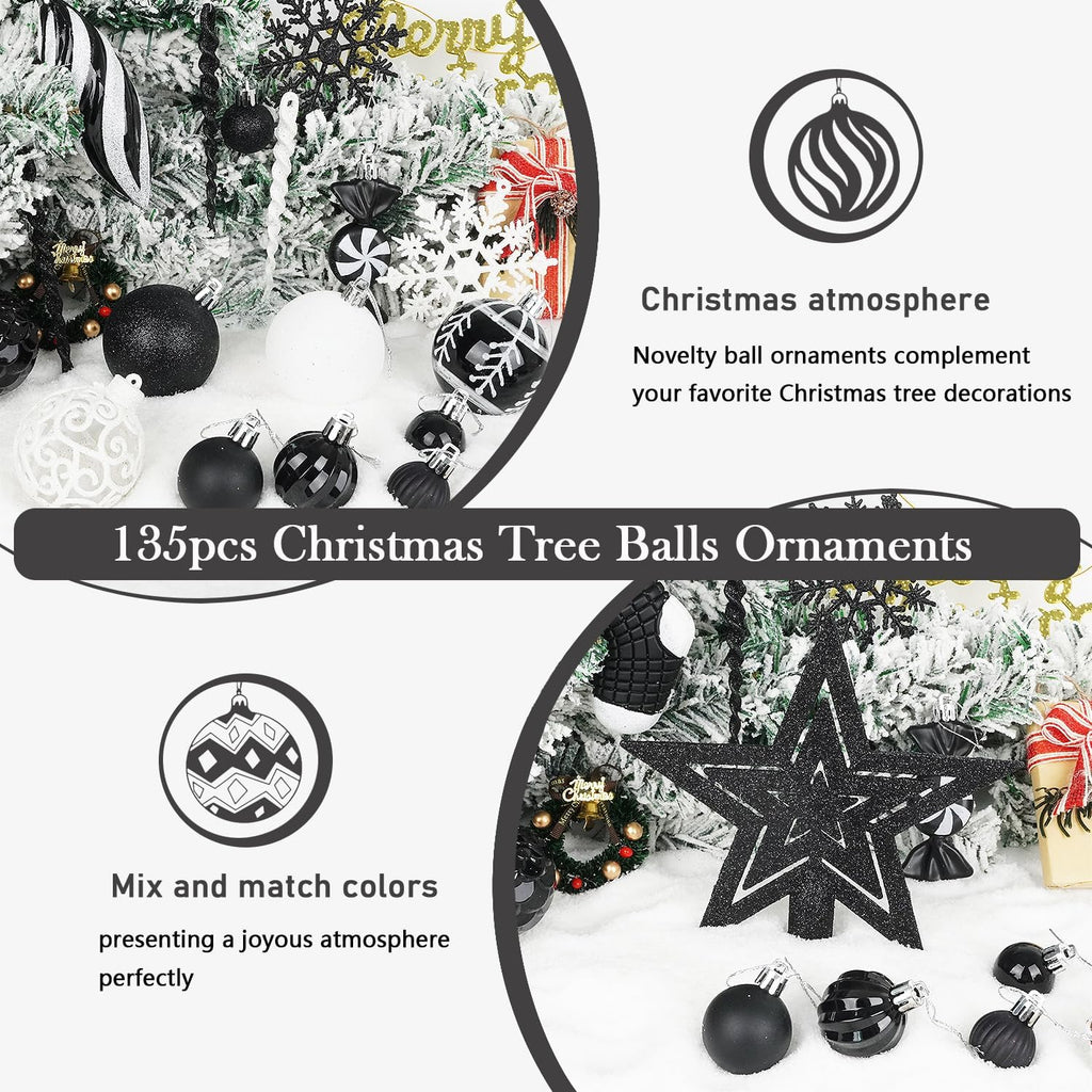 Artmag 135 Pcs Christmas Ball Ornaments Set, Pre-Tied Shatterproof Plastic Assorted Christmas Balls for Xmas Tree Hanging Decorations Festival Party Holiday Decor (Black)