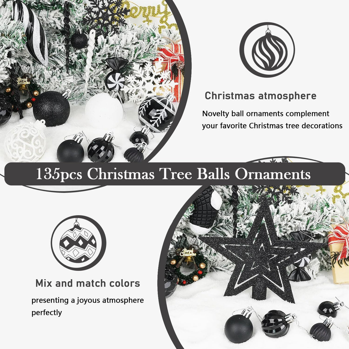Artmag 135 Pcs Christmas Ball Ornaments Set, Pre-Tied Shatterproof Plastic Assorted Christmas Balls for Xmas Tree Hanging Decorations Festival Party Holiday Decor (Black)