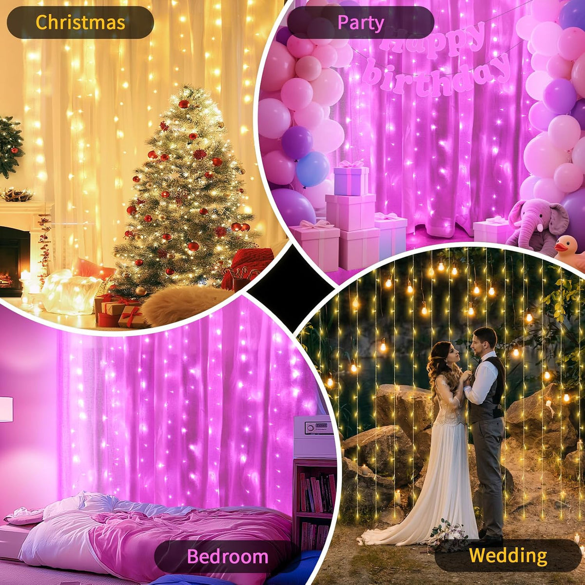 Color Changing Curtain Lights, Pink & Warm White Window String Decor