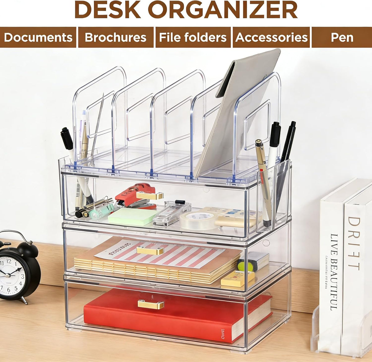 Acrylic Desk Organizer with 4-Vertical File Holder Rack, 3-Clear Drawer and 2 Pen Holders, Desktop Storage for Office Desk Accessories School Classroom Organization (Clear)