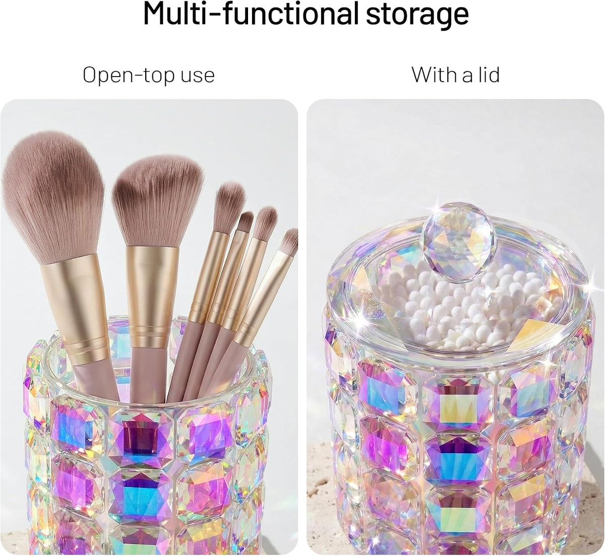 Crystal Qtip Holder Dispenser, 17oz Bathroom Canisters with Lid for Cotton Balls,Swabs,Floss Picks,Hair Accessories, Iridescent Glass Apothecary Jars with Lids,Vanitys Bathroom Organizer and Storage