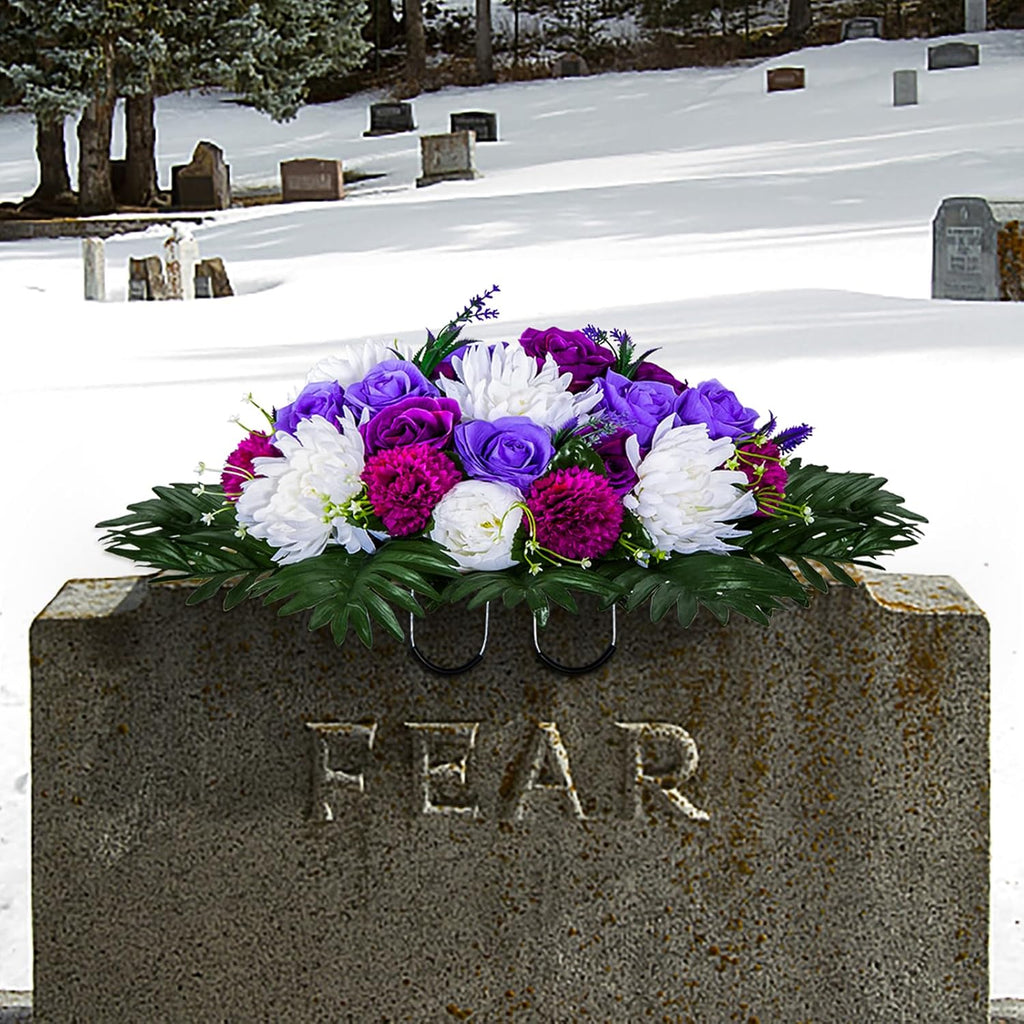 XONOR Artificial Headstone Flower Saddles for Graves, Cemetery Memorial Flowers for Outdoor Tombstone Decorations, Artificial Peony Rose Flowers Saddle (Purple&White, 1 Saddle 2 Bouquets)