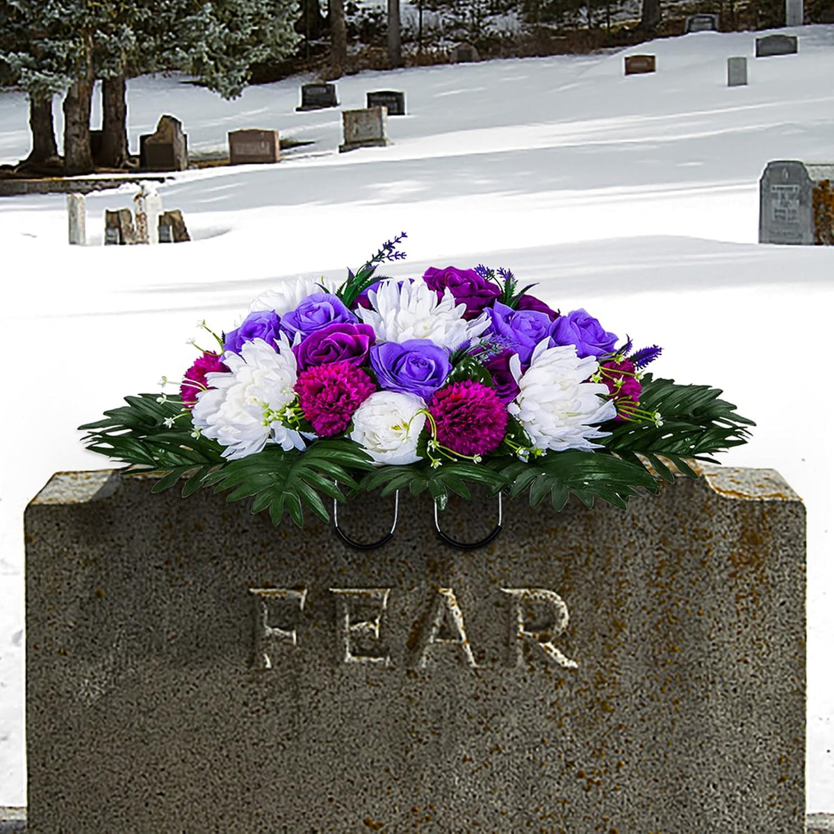 XONOR Artificial Headstone Flower Saddles for Graves, Cemetery Memorial Flowers for Outdoor Tombstone Decorations, Artificial Peony Rose Flowers Saddle (Purple&White, 1 Saddle 2 Bouquets)