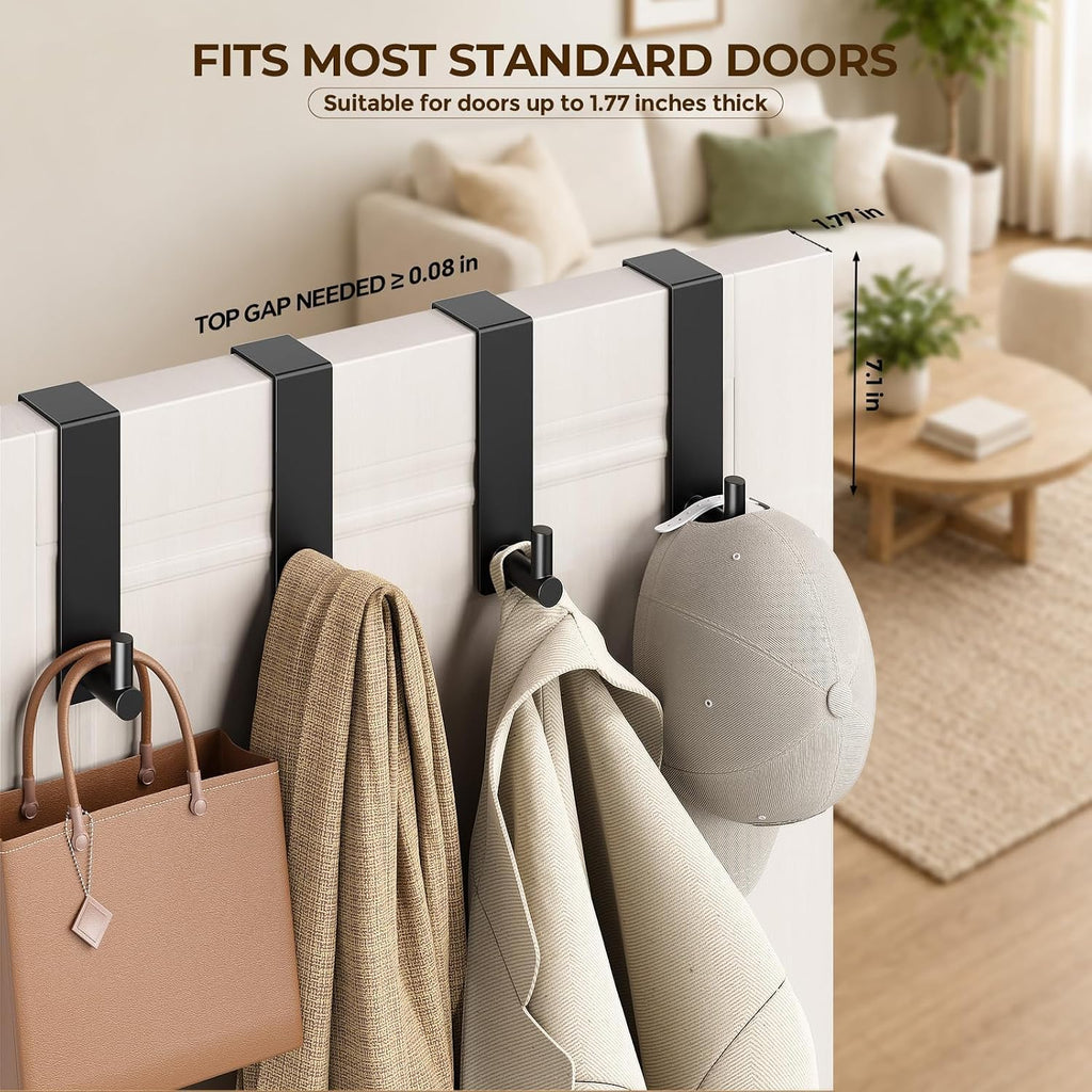 Optish 4 Pack Over The Door Hooks, Heavy Duty Black Door Hanger Hook for Hanging, Coat Hooks for Hat, Bag, Bedroom, Bathrooms, Fits 1-3/4'' Thick Door