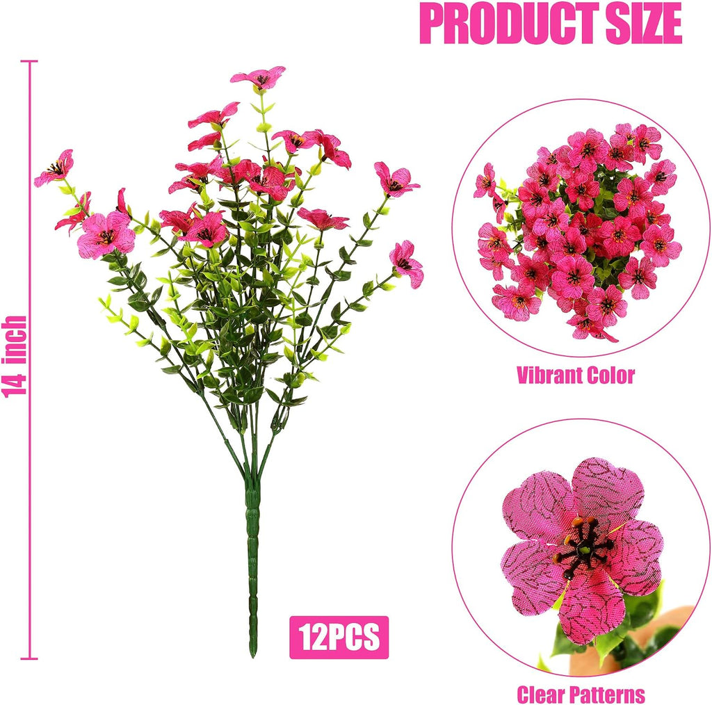 Sggvecsy Artificial Flowers for Outdoors 12 Bundles Realistic Faux Plants UV Resistant Fake Silk Daisy with Eucalyptus for Boxwood Planter Patio Porch Outside Spring Summer Decoration(Rose Red)