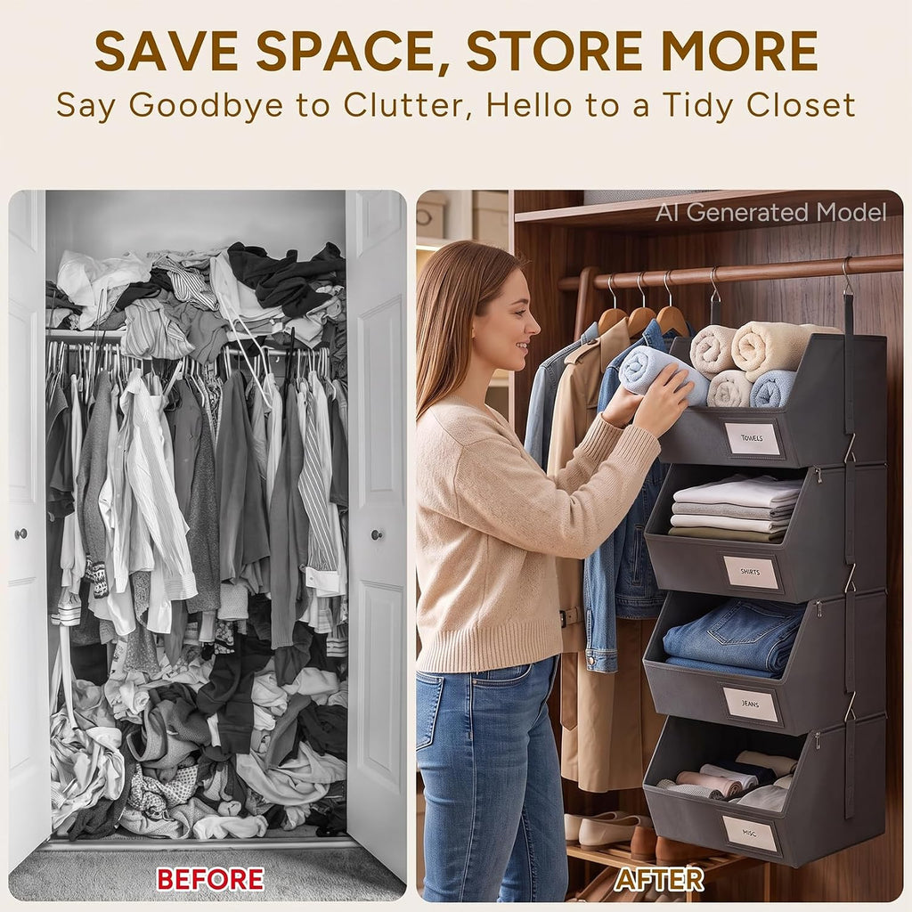 2 Pack 4-Tier Hanging Closet Organizer, Detachable Hanging Storage Shelves with Reinforced Side Panels, Hanging Closet Organizer for Clothes, Sweaters, Towels, Socks & Accessories,(Dark Gray-2Pack)