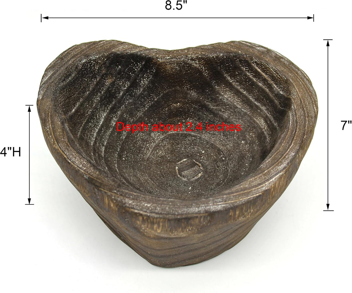 CVHOMEDECO. Primitives Solid Wood Functional and Collectible Bowl Vintage Heart Hand Carved Wooden Bowl Rustic Treenware Artworks for Serving Nuts Snacks Fruits or Accent Decor, 8.5 Inch