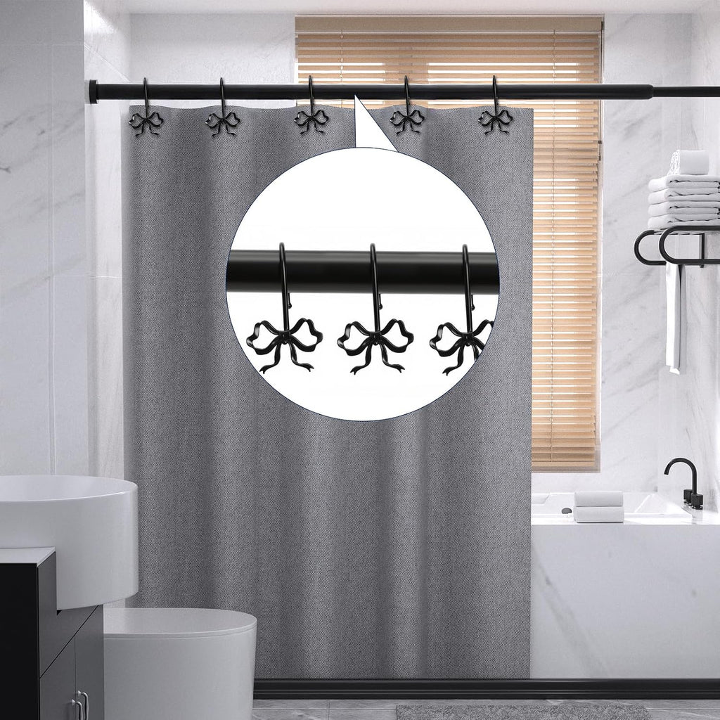 Black Bow Shower Curtain Hooks, 12 Pcs Metal Black Shower Curtain Hooks for Bathroom Decor, Cute and Rust-Proof, Suitable for Standard Showers Curtains Rods