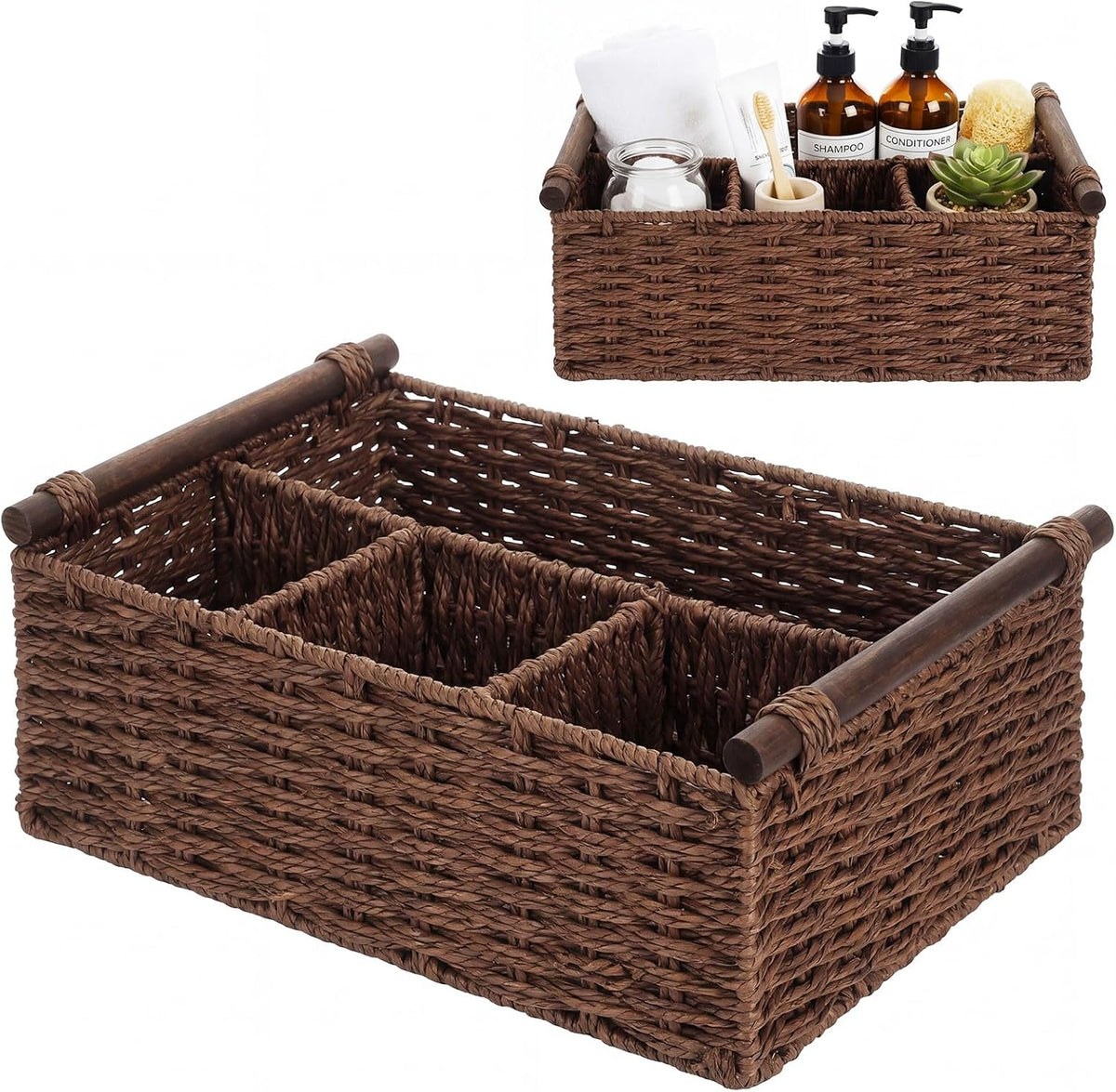 Remerry Brown Bathroom Countertop Organizer Caddy, Wicker-like Divided Basket with Handle and Metal Frame, 4 Compartment, Paper Rope Storage Organizer for Vanity Kitchen (15.35 x 10.24 x 6.3 in)