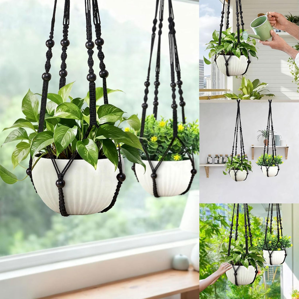 35 Inch Macrame Plant Hanger, Hanging Planter Basket with Wood Beads, Decorative Flower Pot Holder for Indoor Outdoor Boho Home Decor, Set of 2 (Black)