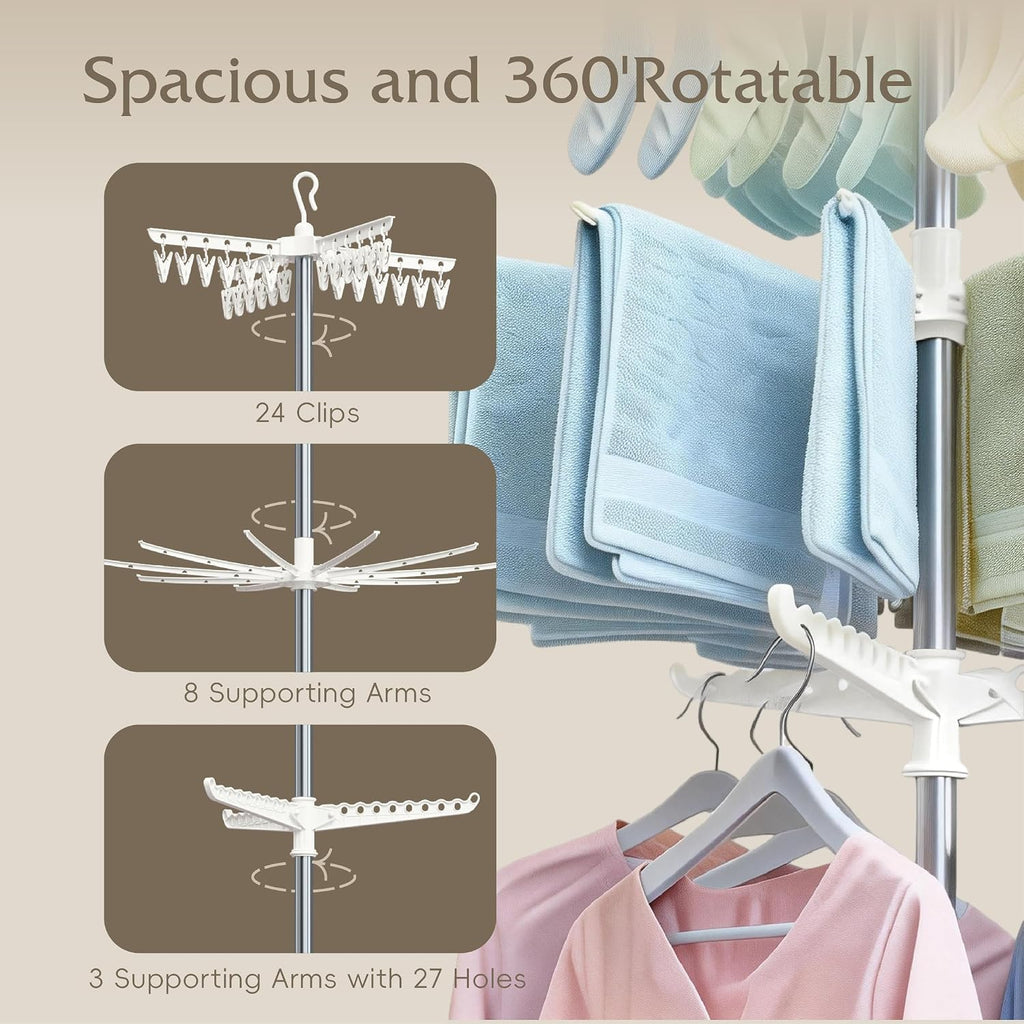 Beaudaily Clothes Drying Rack, Foldable 79.5-Inch Laundry Drying Rack,3 Tie, with Rotatable Arms, Stainless Steel, Holds 27 Clothes,8 Towels and 24 Clips for Hanging Socks, White and Silver