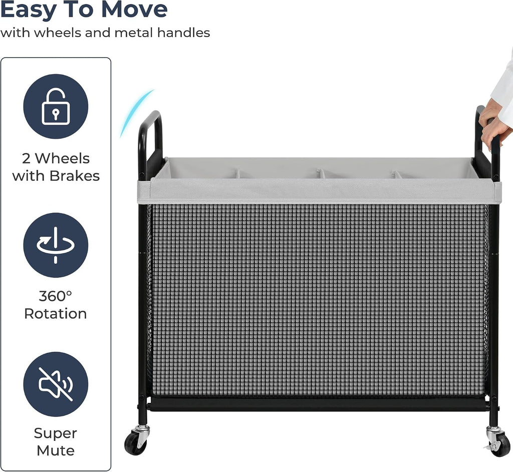 STO STO Laundry Hamper 4 Section, 140L Rolling Laundry Sorter Cart with Removable and Washable Liner Bag, Clothes Hamper with Wheels and Metal Handle for Laundry Room and Bedroom, Gray