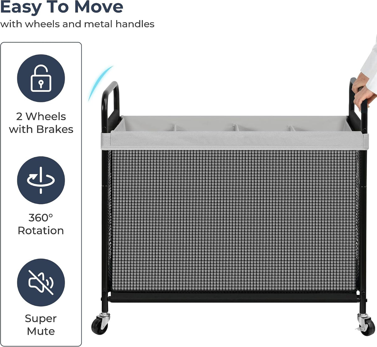 STO STO Laundry Hamper 4 Section, 140L Rolling Laundry Sorter Cart with Removable and Washable Liner Bag, Clothes Hamper with Wheels and Metal Handle for Laundry Room and Bedroom, Gray