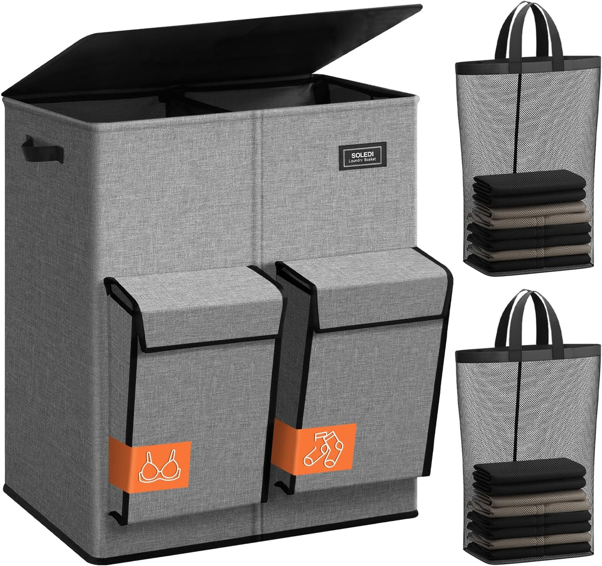 SOLEDI 180L Double Laundry Hamper with Lid and 2 Side Pockets, Dual Hamper