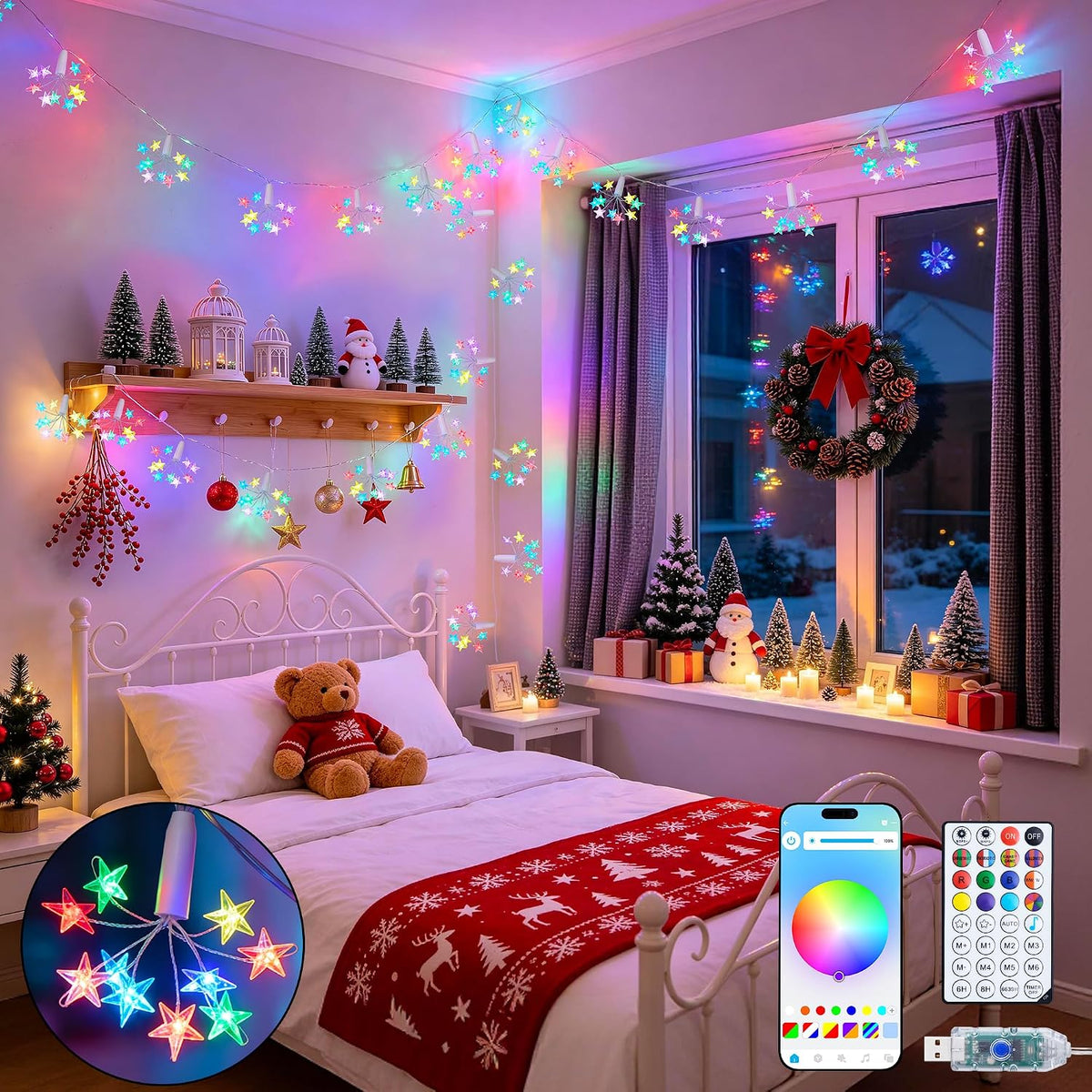 JMEXSUSS 100 LED Star String Lights for Christmas， 7.38 FT, USB, RGB Color Changing String Lights, RGB String Lights, Smart Firework Lights for Indoor Christmas Tree Bedroom Decor
