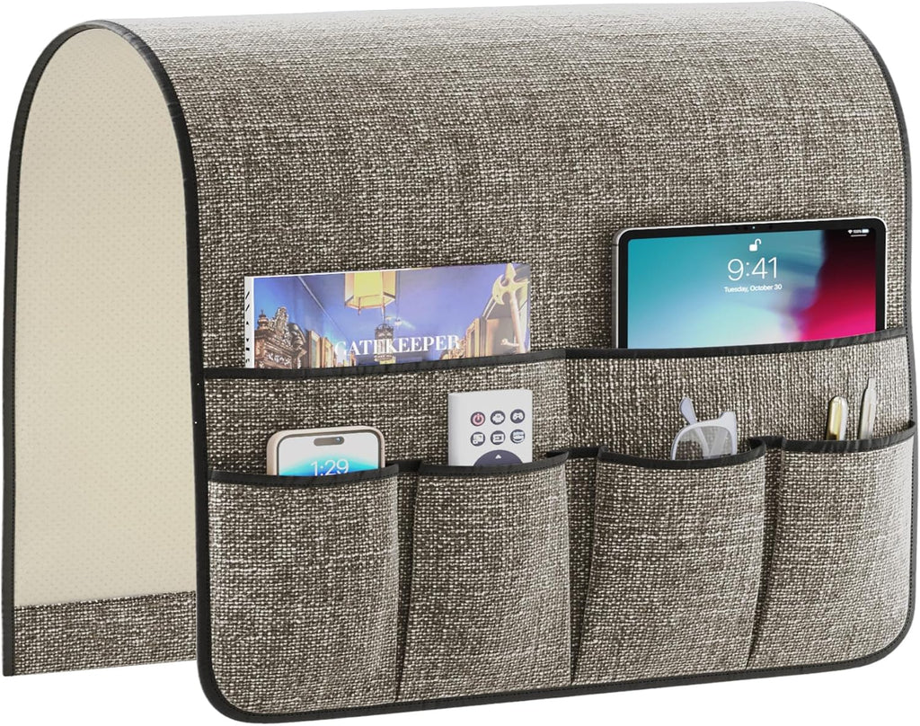 Sofa Armrest Organizer Non-Slip Remote Control Holders for Recliner Couch Chair Armchair Caddy with 5 Pockets for Table,Cell Phone,Ipad,Magazines,Books (Darkgrey, 19 x 35 Inch)