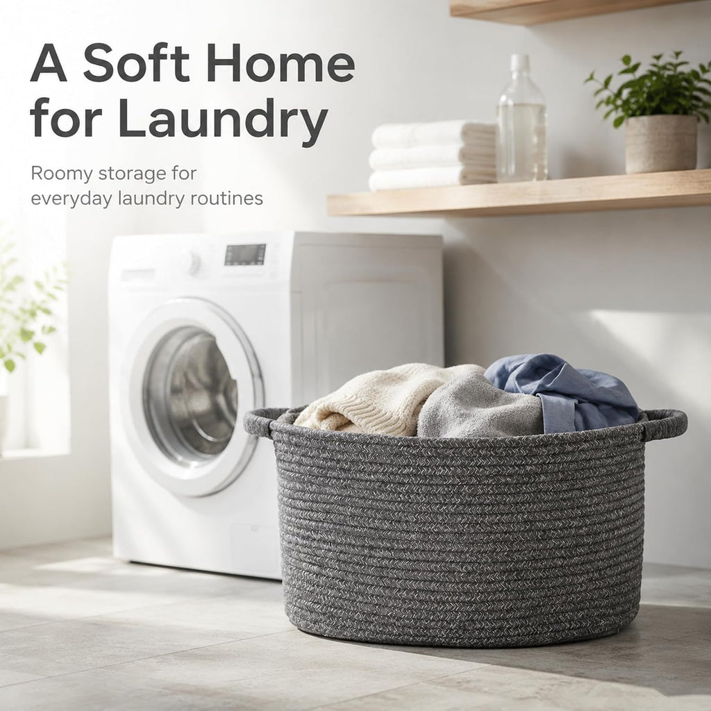 Large Rope Basket with Handles, Large Bohe Storage Basket,Laundry Basket, Home Decor Organizer for Towels,toys, Books & Magazines (Dark Gray, L (20 "L x 14" W x 12 "H))