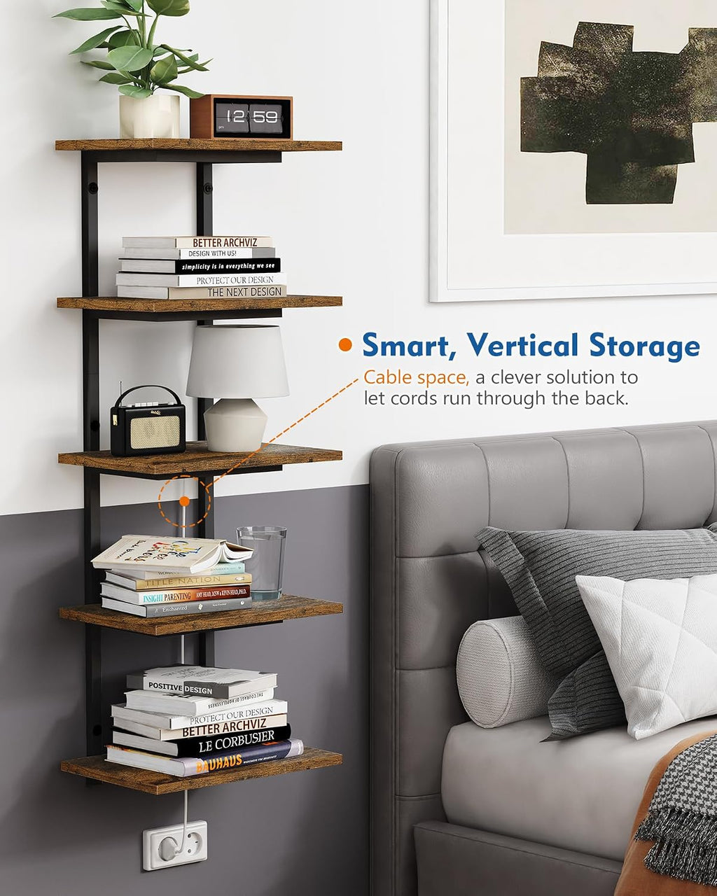 Harwaya 5 Tier Wall Bookshelf Unit for Bedroom Books, Large Floating Book Shelves Wall Mounted, Rustic Wood Lack Tiered Hanging Shelf for Kitchen Office Living Room Corner (Dark Brown)
