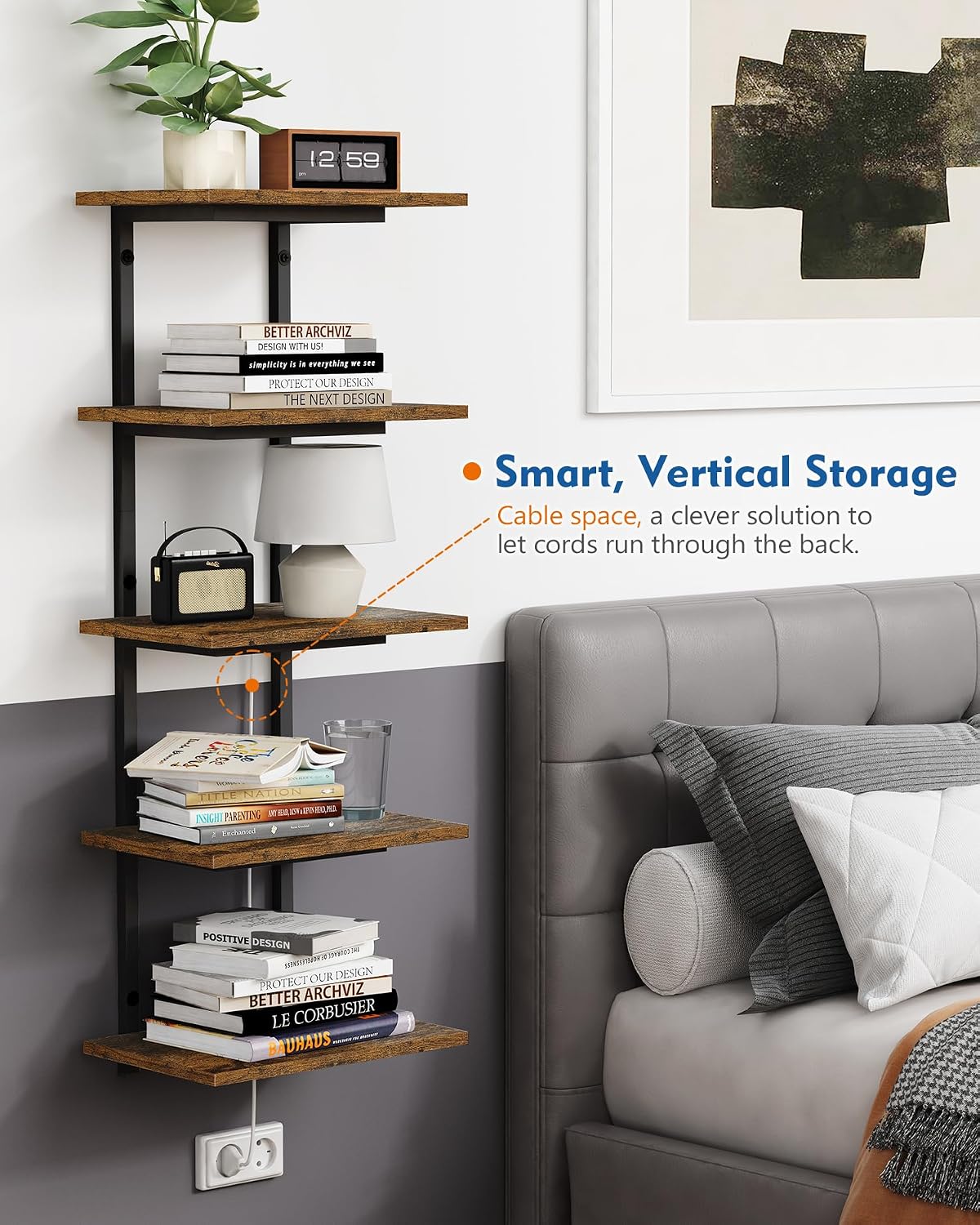 Harwaya 5 Tier Wall Bookshelf Unit for Bedroom Books, Large Floating Book Shelves Wall Mounted, Rustic Wood Lack Tiered Hanging Shelf for Kitchen Office Living Room Corner (Dark Brown)